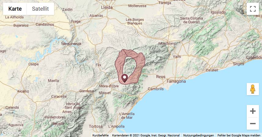 Karte eines Teils Spaniens mit Markierung der Bodega Celler de Capçanes