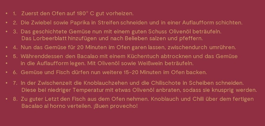 Rezeptanweisungen für Bacalao al horno, einschliesslich Zubereitung und Backzeit.